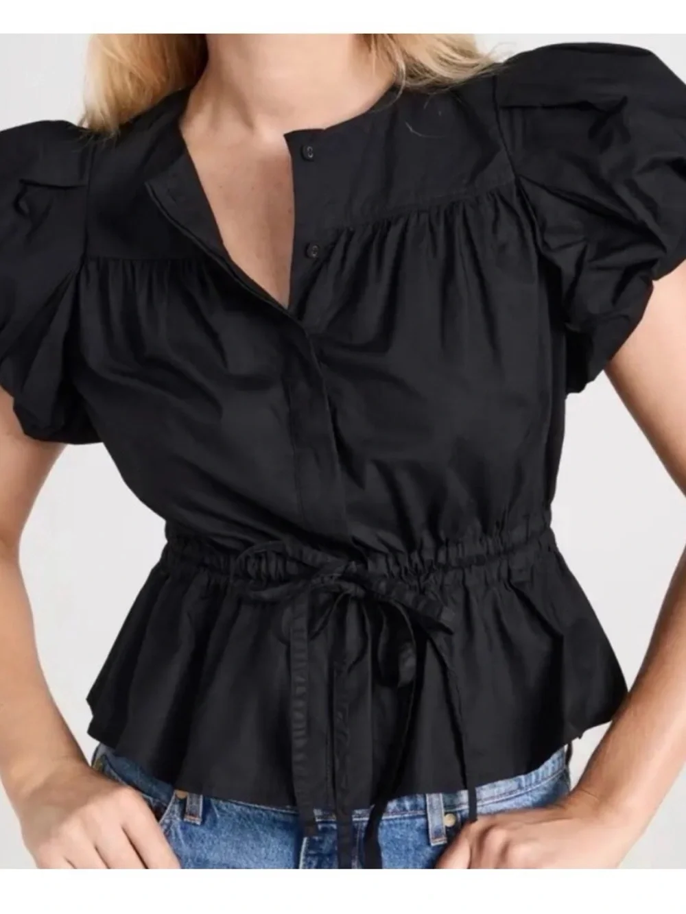 Ulla Johnson Mila cotton peplum top in noir sz 2